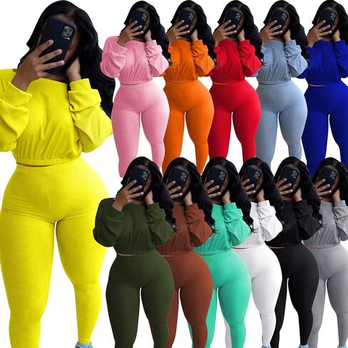 MRSYVES Women 2 Piece Outfits Tracksuit Sexy Long Sleeve Pullover Ribbed Crop Top in Saudi Arabia