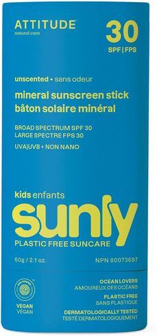 ATTITUDE Mineral Face Sunscreen Stick for Kids, SPF 30, EWG Verified, Plastic-Free, Broad Spectrum UVA/UVB Protection with Zinc Oxide, Dermatologically Tested, Vegan, Unscented, 0.7 Ounce in Saudi Arabia