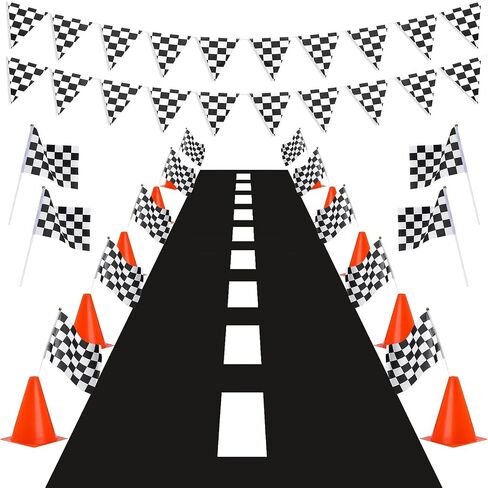 34pack Traffic Cones and Racing Checkered Flags Set-Include 10 Plastic Traffic Cones,20 Checkered Flags With Sticks/ 9.8Ft Checkered Triangle Flags,6.9Ft Racetrack Floor Running Mat for Race Car Party in Saudi Arabia