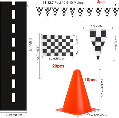 34pack Traffic Cones and Racing Checkered Flags Set-Include 10 Plastic Traffic Cones,20 Checkered Flags With Sticks/ 9.8Ft Checkered Triangle Flags,6.9Ft Racetrack Floor Running Mat for Race Car Party in Saudi Arabia