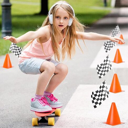 34pack Traffic Cones and Racing Checkered Flags Set-Include 10 Plastic Traffic Cones,20 Checkered Flags With Sticks/ 9.8Ft Checkered Triangle Flags,6.9Ft Racetrack Floor Running Mat for Race Car Party in Saudi Arabia