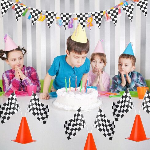 34pack Traffic Cones and Racing Checkered Flags Set-Include 10 Plastic Traffic Cones,20 Checkered Flags With Sticks/ 9.8Ft Checkered Triangle Flags,6.9Ft Racetrack Floor Running Mat for Race Car Party in Saudi Arabia