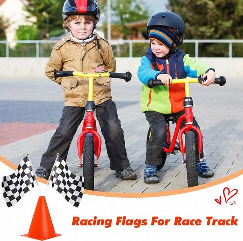 34pack Traffic Cones and Racing Checkered Flags Set-Include 10 Plastic Traffic Cones,20 Checkered Flags With Sticks/ 9.8Ft Checkered Triangle Flags,6.9Ft Racetrack Floor Running Mat for Race Car Party in Saudi Arabia