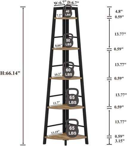BON AUGURE حامل رف زاوية ريفي، خزانة كتب زاوية صناعية طويلة، رف كتب زاوية من الخشب المعدني 5 طبقات، وحدة رفوف زاوية العرض للمطبخ، غرفة المعيشة (بلوط رمادي داكن) in Kuwait