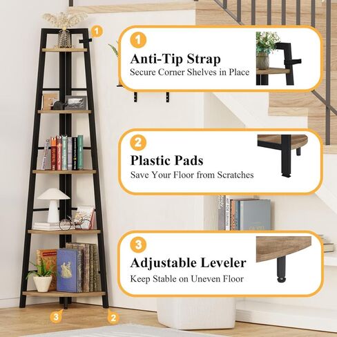 BON AUGURE حامل رف زاوية ريفي، خزانة كتب زاوية صناعية طويلة، رف كتب زاوية من الخشب المعدني 5 طبقات، وحدة رفوف زاوية العرض للمطبخ، غرفة المعيشة (بلوط رمادي داكن) in Kuwait