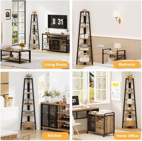 BON AUGURE حامل رف زاوية ريفي، خزانة كتب زاوية صناعية طويلة، رف كتب زاوية من الخشب المعدني 5 طبقات، وحدة رفوف زاوية العرض للمطبخ، غرفة المعيشة (بلوط رمادي داكن) in Kuwait