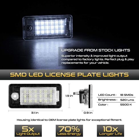 VIPMOTOZ زوج استبدال مجموعة مصابيح لوحة ترخيص LED كاملة SMD من VIPMOTOZ لسيارة Audi A3 A4 A6 A8 S3 S4 S6 S8 Q7 RS4 RS6، 6000K أبيض بارد، مجموعة مكونة من قطعتين in Saudi Arabia