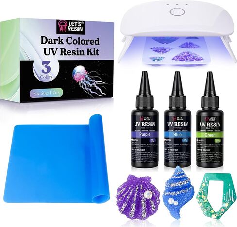 LET'S RESIN UV Resin Kit (3 Colors), Including Light & Large Silicone Mat, 150g, Clear, Low Odor, Yellowing Resistance, Versatile for Translucent Materials, Jewelry Making, Beginner in Saudi Arabia