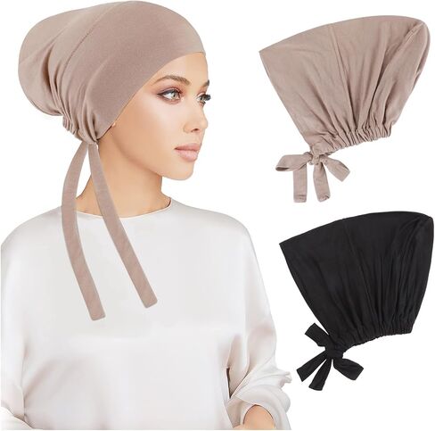 PHOGARY 2 Pcs Women Hijab Undercap, Islamic Muslim Under Hijab Cap Inner Under Scarf Hat Hijab Cap with Tie Back Closure Solid Color Underscarf Hijab Cap Turban Head Wraps for Women Chemo Sleep Cap, B in Saudi Arabia