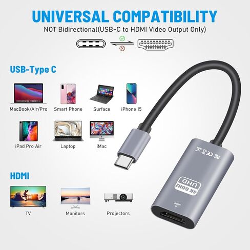 USB C to HDMI Adapter (4K@60Hz), Type-C to HDMI Adapter ([Thunderbolt 3/4]), Aluminum &Portable,Compatible with iPhone 15,MacBook Pro, Air, iPad Pro, Pixelbook, XPS, Galaxy, and More in Kuwait