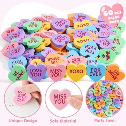 JOYIN 60 Packs Valentine Heart Erasers for Kids, Candy Colors Novelty Pencil Eraser, Valentine Day Gifts Set, Valentine's Classroom Exchange Eraser, Kids Classroom School Prize in Saudi Arabia