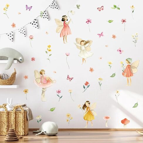Watercolor Fairy Wall Decals, Removable Butterfly Flower Mushroom Stickers, Vinyl Floral Girl Murals, Peel and Stick Fairy Decor for Nursery, Baby Bedroom, Living Room, Playroom in Saudi Arabia
