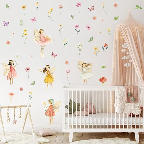 Watercolor Fairy Wall Decals, Removable Butterfly Flower Mushroom Stickers, Vinyl Floral Girl Murals, Peel and Stick Fairy Decor for Nursery, Baby Bedroom, Living Room, Playroom in Saudi Arabia