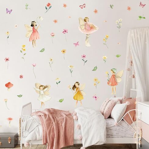 Watercolor Fairy Wall Decals, Removable Butterfly Flower Mushroom Stickers, Vinyl Floral Girl Murals, Peel and Stick Fairy Decor for Nursery, Baby Bedroom, Living Room, Playroom in Saudi Arabia