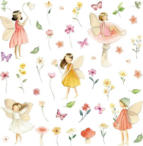Watercolor Fairy Wall Decals, Removable Butterfly Flower Mushroom Stickers, Vinyl Floral Girl Murals, Peel and Stick Fairy Decor for Nursery, Baby Bedroom, Living Room, Playroom in Saudi Arabia