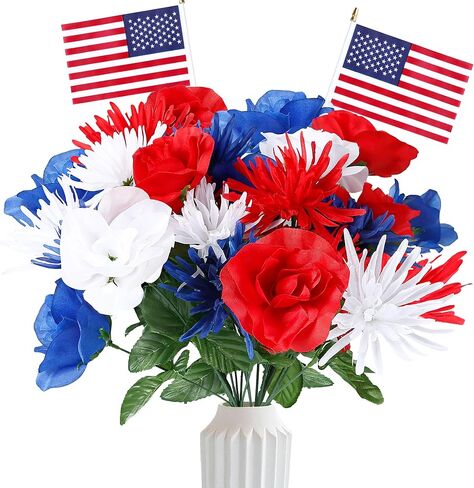 Sggvecsy 30 Pcs Patriotic Artificial Flowers Memorial Bouquet Fake Red White and Blue Cemetery Flowers with American Flags for Grave 4th of July Memorial Day Independence Day Veterans Home Decoration in Saudi Arabia