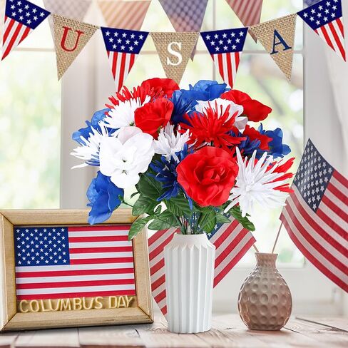 Sggvecsy 30 Pcs Patriotic Artificial Flowers Memorial Bouquet Fake Red White and Blue Cemetery Flowers with American Flags for Grave 4th of July Memorial Day Independence Day Veterans Home Decoration in Saudi Arabia