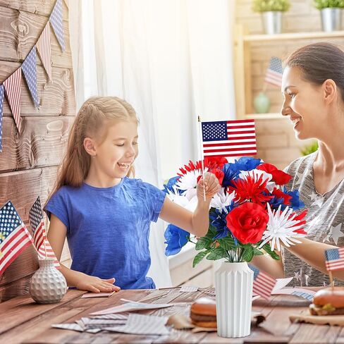 Sggvecsy 30 Pcs Patriotic Artificial Flowers Memorial Bouquet Fake Red White and Blue Cemetery Flowers with American Flags for Grave 4th of July Memorial Day Independence Day Veterans Home Decoration in Saudi Arabia