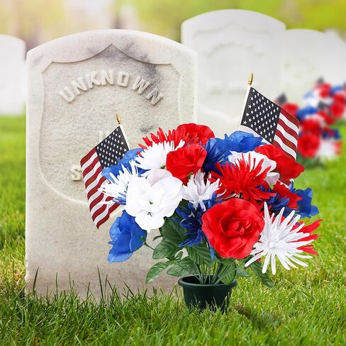 Sggvecsy 30 Pcs Patriotic Artificial Flowers Memorial Bouquet Fake Red White and Blue Cemetery Flowers with American Flags for Grave 4th of July Memorial Day Independence Day Veterans Home Decoration in Saudi Arabia