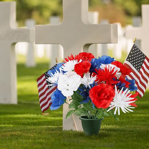 Sggvecsy 30 Pcs Patriotic Artificial Flowers Memorial Bouquet Fake Red White and Blue Cemetery Flowers with American Flags for Grave 4th of July Memorial Day Independence Day Veterans Home Decoration in Saudi Arabia