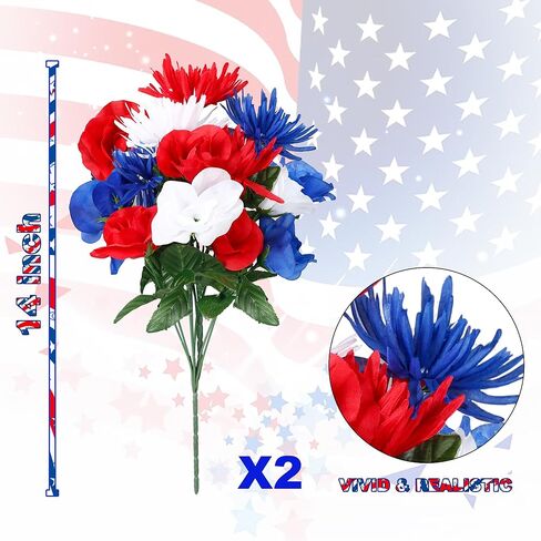 Sggvecsy 30 Pcs Patriotic Artificial Flowers Memorial Bouquet Fake Red White and Blue Cemetery Flowers with American Flags for Grave 4th of July Memorial Day Independence Day Veterans Home Decoration in Saudi Arabia