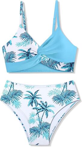 ملابس سباحة للفتيات، ملابس سباحة للمراهقات، بدلات استحمام للمراهقين بنقشة زهور استوائية ونمط متقاطع للفتيات من سن 12 إلى 14 قطعتين in Kuwait