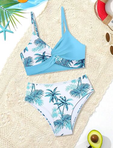 ملابس سباحة للفتيات، ملابس سباحة للمراهقات، بدلات استحمام للمراهقين بنقشة زهور استوائية ونمط متقاطع للفتيات من سن 12 إلى 14 قطعتين in Kuwait