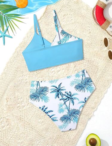 ملابس سباحة للفتيات، ملابس سباحة للمراهقات، بدلات استحمام للمراهقين بنقشة زهور استوائية ونمط متقاطع للفتيات من سن 12 إلى 14 قطعتين in Kuwait