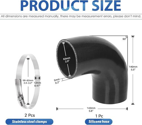 Glarks 90 Degree Elbow Silicone Hose, 2inch(51mm) ID 5.2inch(133mm) Length 4-Ply Reinforced High Performance Silicone Hose with 2Pcs 46-70MM Stainless Steel T-Bolt Clamp in Saudi Arabia