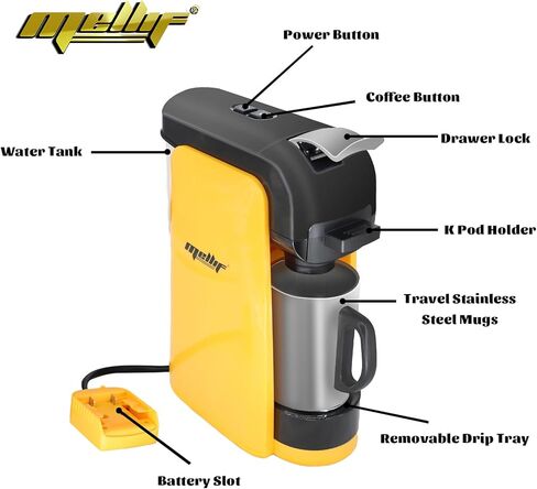 ماكينة صنع القهوة اللاسلكية من Mellif لبطارية Dewalt 20V بحد أقصى (بدون بطارية)، ماكينة تحضير القهوة المحمولة ذات الخدمة الواحدة لكبسولات K-Cup والقهوة المطحونة، ماكينة تحضير القهوة للتخييم في الهواء الطلق، والسفر، والمنزل in Kuwait