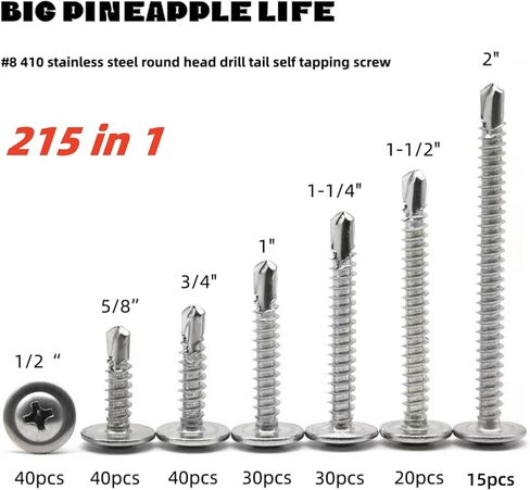 متري M4.2 * 1/2"-M4.2 * 2" 215 قطعة 410 مجموعات براغي معدنية من صفائح الفولاذ المقاوم للصدأ، رأس تروس معدل فيليبس عالي القوة سريع التنصت على براغي النجارة in Saudi Arabia