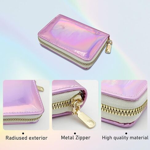 holographic Credit Card Holder for Women, 11 Card Slots with Zipper Card Case Wallet, Slim&Lightweight (Pink) in Kuwait