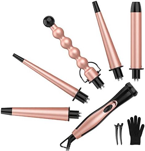 مجموعة عصا تجعيد الشعر السيراميك 5 في 1 من بيستوب مع 5 اسطوانات قابلة للتبديل (0.35 انش الى 1.25 انش) وقفاز مقاوم للحرارة - ذهبي وردي in Kuwait