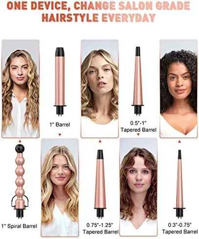 مجموعة عصا تجعيد الشعر السيراميك 5 في 1 من بيستوب مع 5 اسطوانات قابلة للتبديل (0.35 انش الى 1.25 انش) وقفاز مقاوم للحرارة - ذهبي وردي in Kuwait