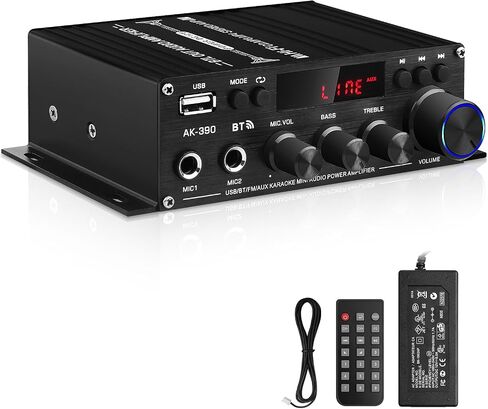 جهاز استقبال مضخم صوت ستيريو لمكبرات الصوت المنزلية، AK-390 Bluetooth5.0 HiFi Mini Audio Amp 2.0 قناة RMS 40W X 2 مضخمات مكونات الصوت مع محول 12V/5A، راديو FM، مدخل (BT، USB، AUX، Mic) in Kuwait