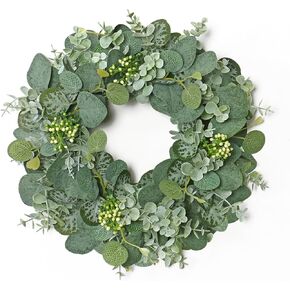 إكليل الأوكالبتوس الأخضر للباب الأمامي 14 بوصة إكليل من الخضرة للربيع والصيف مع التوت أكاليل الأبواب طوال الموسم ديكور أكاليل الأوكالبتوس الاصطناعية للأماكن الداخلية والخارجية ونافذة الحائط وحديقة المزرعة in Kuwait