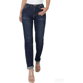 Women's High Waisted Straight Leg Jeans, Dark Wash Rolled Cuff, Premium Stretch Denim, Size XS to XXL with Pockets in Saudi Arabia