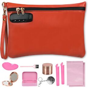 Gift Box Package PU Leather Storage Bag with 8 PCS Accessories, Medium Cosmetic Pouch with Combination Lock, Travel Money Bag for Women, Great Gifts Ideal (Red Orange) in Saudi Arabia