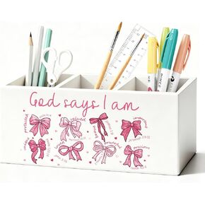 حامل قلم رصاص على شكل قوس وردي من Coquette للمكتب، ديكور مكتب جرلي، ديكورات صندوق خشبي جمالي بقوس وردي جميل لغرفة نوم البنات وغرفة النوم والمكتب والمكتب والطاولة in Kuwait