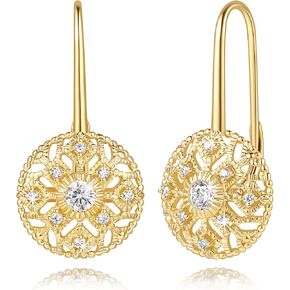 Eloqueen 14K Gold Drop Earrings Dangle Earrings for Women Leverback Dangle with Cubic Zirconia with Engraved Details 14K Gold Earring for Women 14/16mm in Kuwait