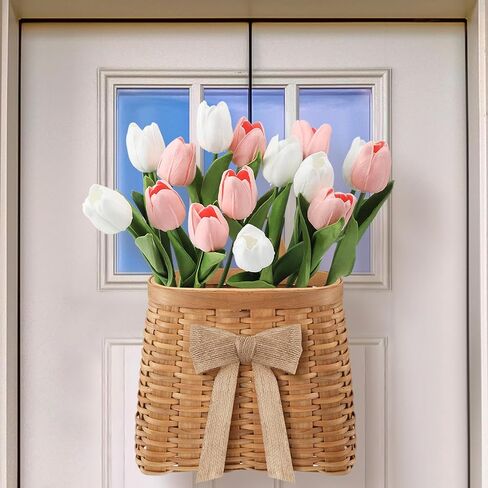 Spring Tulip Basket Wreaths for Front Door with 15 Artificial Tulip 19 Inch and Woven Floral Hanging Basket Pink White Flower Wreath for Spring Easter Wedding Rustic Farmhouse Window Porch Decor in Saudi Arabia