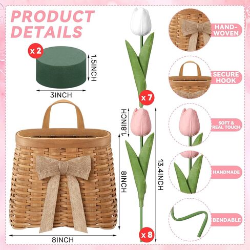 Spring Tulip Basket Wreaths for Front Door with 15 Artificial Tulip 19 Inch and Woven Floral Hanging Basket Pink White Flower Wreath for Spring Easter Wedding Rustic Farmhouse Window Porch Decor in Saudi Arabia