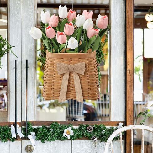 Spring Tulip Basket Wreaths for Front Door with 15 Artificial Tulip 19 Inch and Woven Floral Hanging Basket Pink White Flower Wreath for Spring Easter Wedding Rustic Farmhouse Window Porch Decor in Saudi Arabia