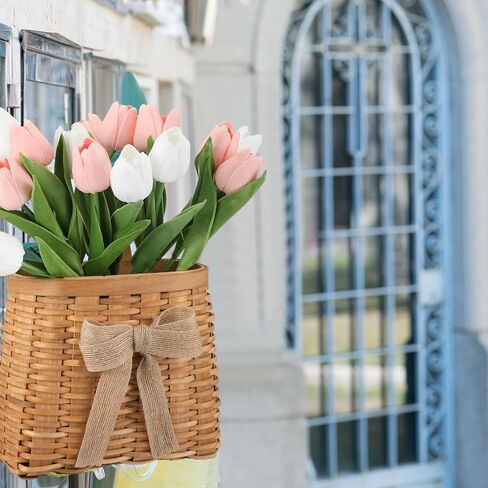 Spring Tulip Basket Wreaths for Front Door with 15 Artificial Tulip 19 Inch and Woven Floral Hanging Basket Pink White Flower Wreath for Spring Easter Wedding Rustic Farmhouse Window Porch Decor in Saudi Arabia