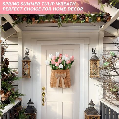 Spring Tulip Basket Wreaths for Front Door with 15 Artificial Tulip 19 Inch and Woven Floral Hanging Basket Pink White Flower Wreath for Spring Easter Wedding Rustic Farmhouse Window Porch Decor in Saudi Arabia