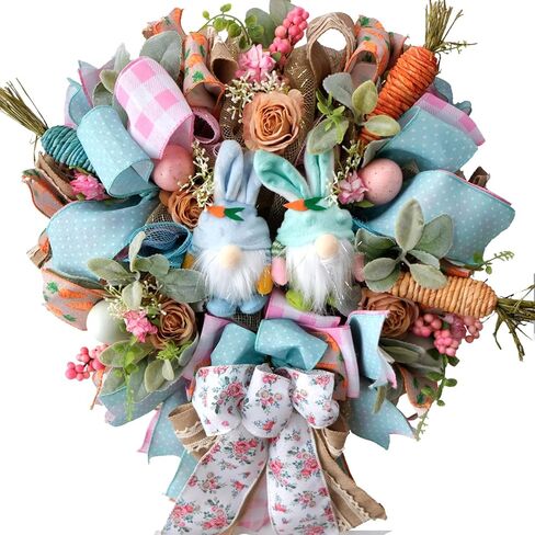 16 Inch Egolot Easter Mesh Deco Bunny Wreath with Eggs and Carrots for Front Door, Spring Pink and Blue Ribbon Easter Wreath for Spring, Rustic and Farmhouse Ribbon for Home Decor in Saudi Arabia
