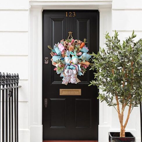 16 Inch Egolot Easter Mesh Deco Bunny Wreath with Eggs and Carrots for Front Door, Spring Pink and Blue Ribbon Easter Wreath for Spring, Rustic and Farmhouse Ribbon for Home Decor in Saudi Arabia