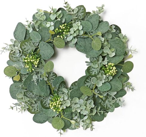 إكليل الأوكالبتوس الأخضر للباب الأمامي 14 بوصة إكليل من الخضرة للربيع والصيف مع التوت أكاليل الأبواب طوال الموسم ديكور أكاليل الأوكالبتوس الاصطناعية للأماكن الداخلية والخارجية ونافذة الحائط وحديقة المزرعة in Kuwait