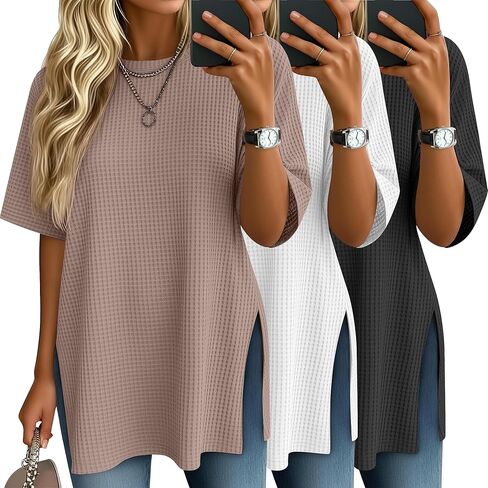3 Pack Women's Oversized Waffle Knit Short Sleeve Tops Side Split Crewneck Loose Long T-Shirts Summer Casual Tees in Kuwait
