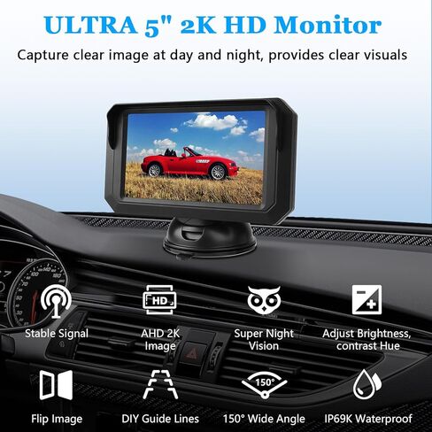 【2 Charging Methods】Backup Camera 5" AHD 1080P Back up Camera Systems for Cars Vehicle Backup Camera with Monitor LED Colored Night Vision DIY Guidelines 140° Wide Angle IP68 Reverse Camera for Truck in Kuwait